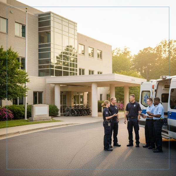 A Mississippi hospital ambulance parked outside a modern hospital entrance