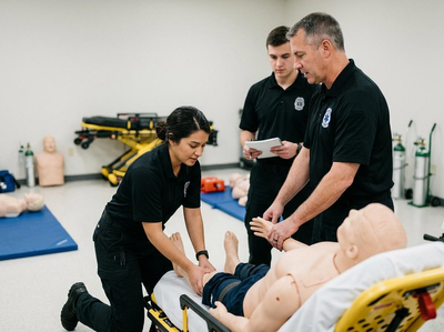 Three first responders practice medical procedures on a full-body mannequin in a training classroom. First Responders Training with Medical Mannequin