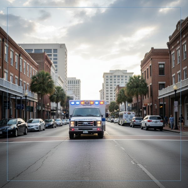 Hospital ambulance driving through a city street in Mississippi