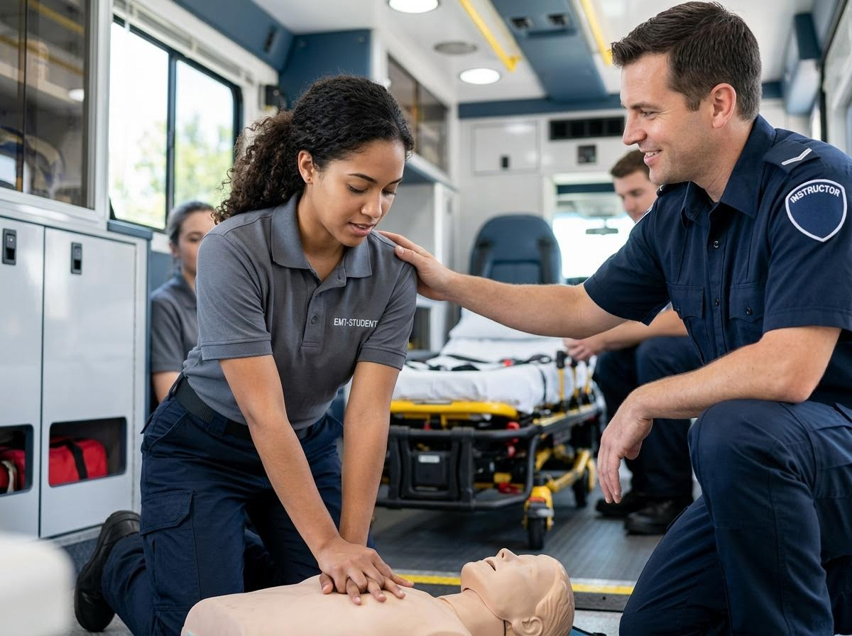 EMT Student Practicing CPR on Mannequin with Instructor in Ambulance