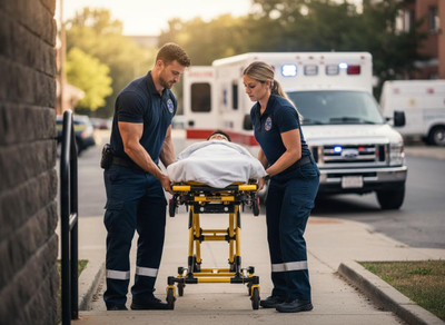 A male and female paramedic in uniform carefully move a patient on a yellow stretcher with an ambulance visible in the background. Paramedics Transporting Patient on Stretcher