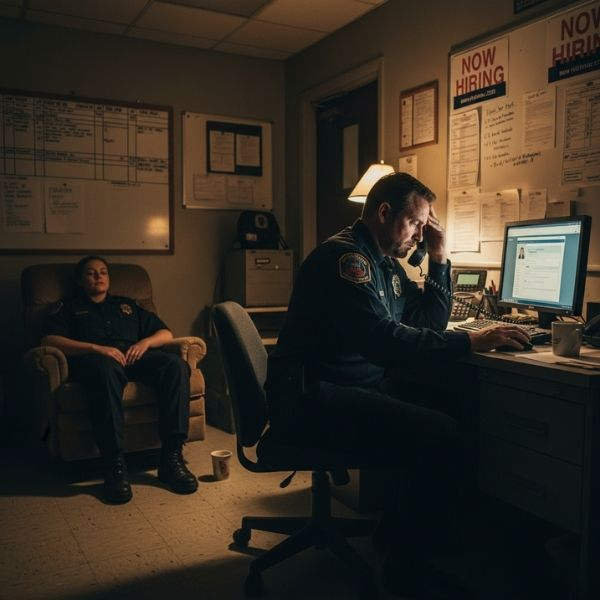 EMTs in a station looking tired