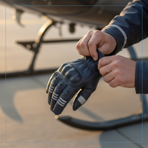 close-up image of a paramedic's hands putting on flight gloves