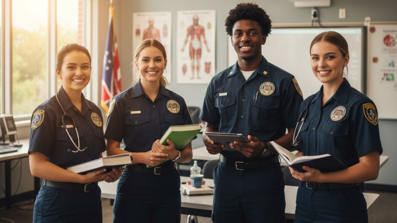 EMT students smiling in a classroom setting, holding books and a tablet, with medical diagrams and flags in the background