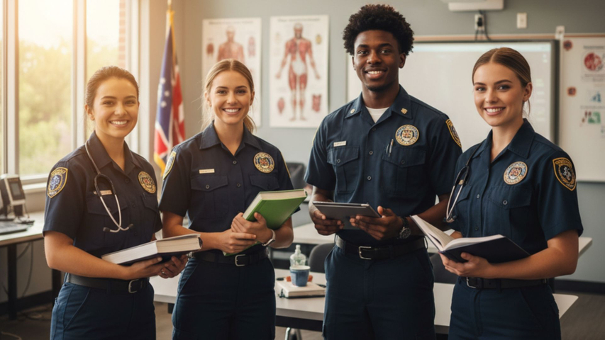 EMT students smiling in a classroom setting, holding books and a tablet, with medical diagrams and flags in the background
