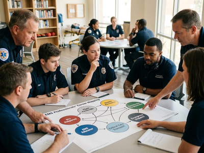 A group of paramedics and EMTs in uniform discuss career paths, pointing at a large 'EMS Professionals' Career Mapping' poster on a table. EMS Professionals' Career Mapping Discussion