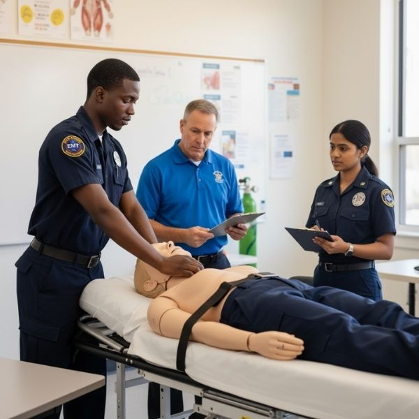 An EMT instructor in a blue polo shirt observes two EMT students in uniform practicing patient assessment on a mannequin on a gurney, with one student checking the mannequin's head and the other taking notes