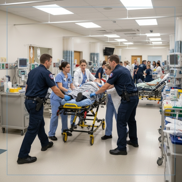 EMS personnel handing off a patient to hospital nurses in a busy ER