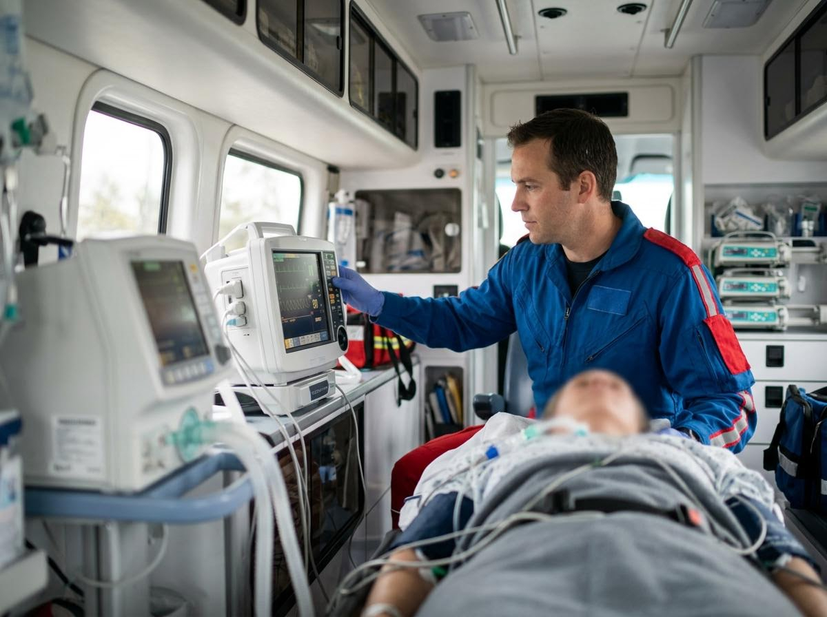 Paramedic operating medical equipment in an ambulance