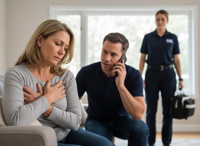 Medical emergency at home with woman, man, and EMT