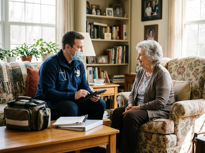 A masked male healthcare worker talks with a smiling senior woman in her cozy living room, reviewing information on a tablet. Home Healthcare Visit for Elderly Woman
