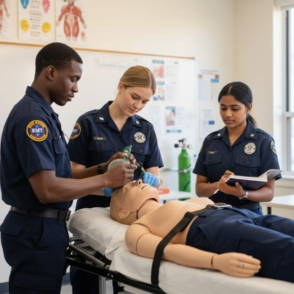 Three EMT students in uniform practicing medical procedures on a realistic mannequin in a classroom setting, with one student using a BVM and another taking notes