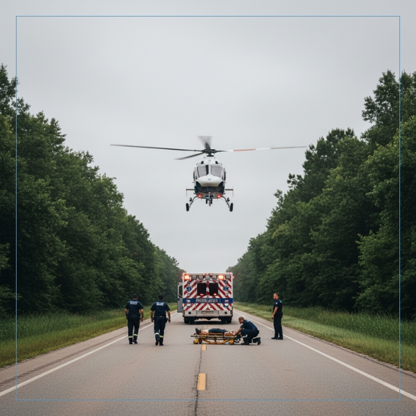 a medical helicopter landing beside a rural highway in Mississippi