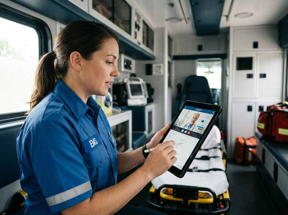 EMS worker using telemedicine in ambulance
