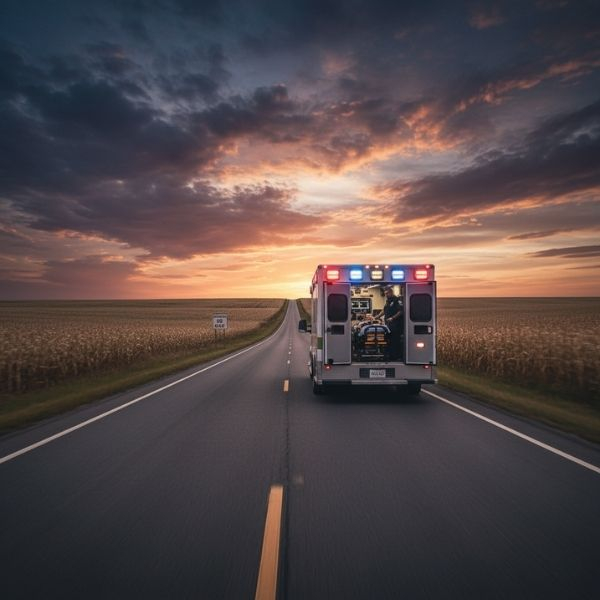 An ambulance travels down a long, isolated rural highway at sunset