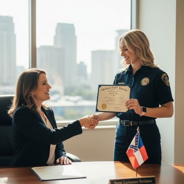 A smiling EMT student in uniform shakes hands with a professional woman in a suit, holding up her official EMT license