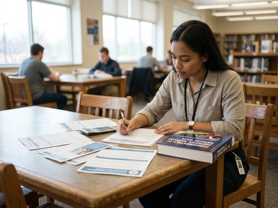 A young woman diligently fills out forms at a library table, with a calculator and a medical textbook nearby. Others study in the background. Student Studying Medical Care in Library