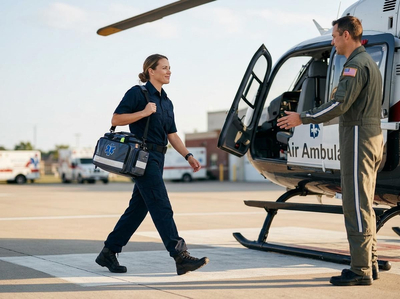 A female EMT in uniform with a medical bag walks towards a pilot standing by an 'Air Ambulance' helicopter. Ambulances are in the background. Female EMT approaching an air ambulance helicopter