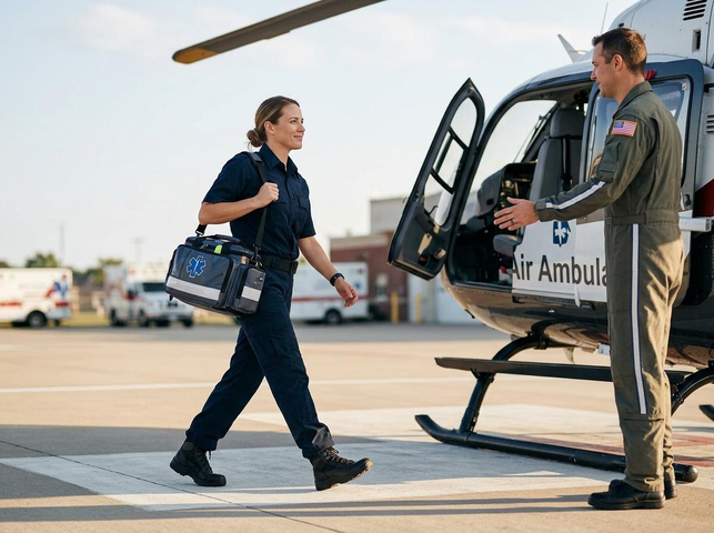 A female EMT in uniform with a medical bag walks towards a pilot standing by an 'Air Ambulance' helicopter. Ambulances are in the background. Female EMT approaching an air ambulance helicopter