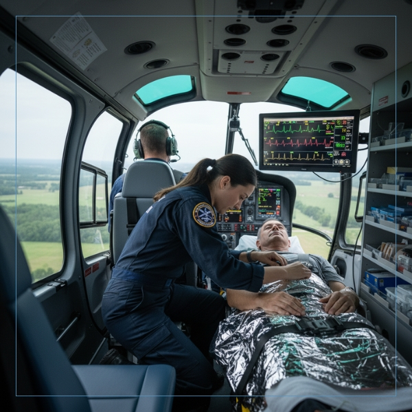 an air crew in flight inside a helicopter cabin