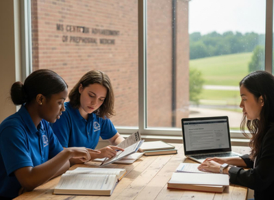 Three female students, two in blue polos, are engaged in academic work at a wooden table. One points at a document while another uses a laptop, with natural light from a large window overlooking greenery. Three Students Collaborating in a Study Room