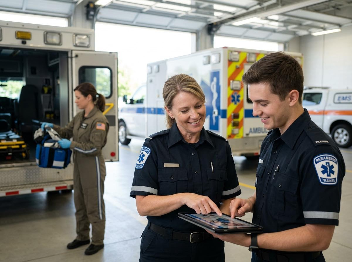 Paramedics reviewing data on a tablet