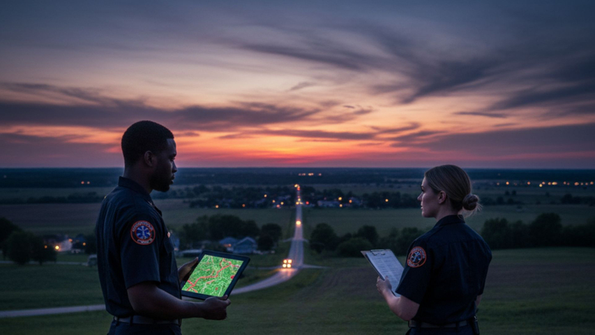 Two EMTs stand in front of their ambulance on a quiet rural road at dusk