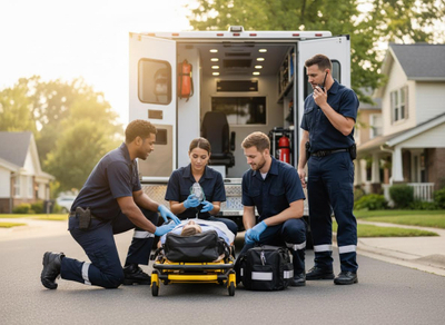 Emergency Medical Team Assisting Patient on Stretcher