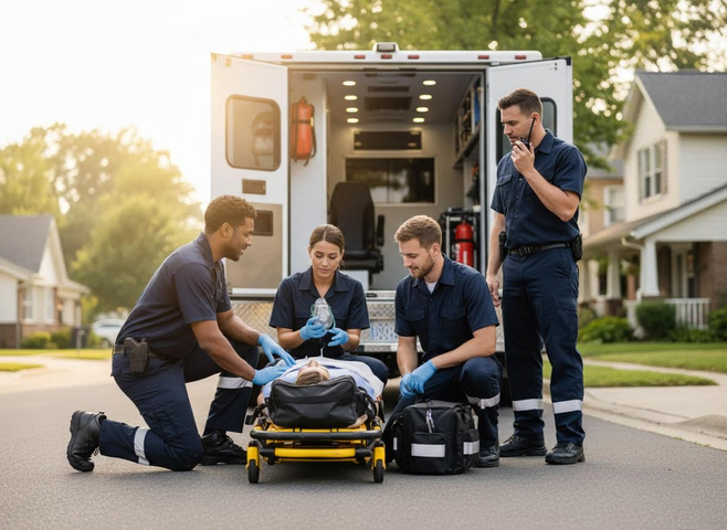 Emergency Medical Team Assisting Patient on Stretcher