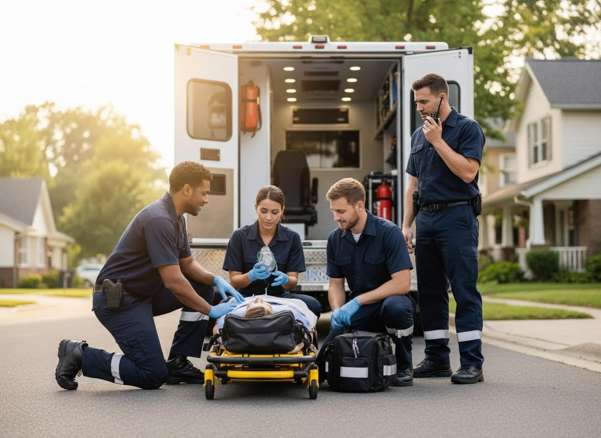 Emergency Medical Team Assisting Patient on Stretcher