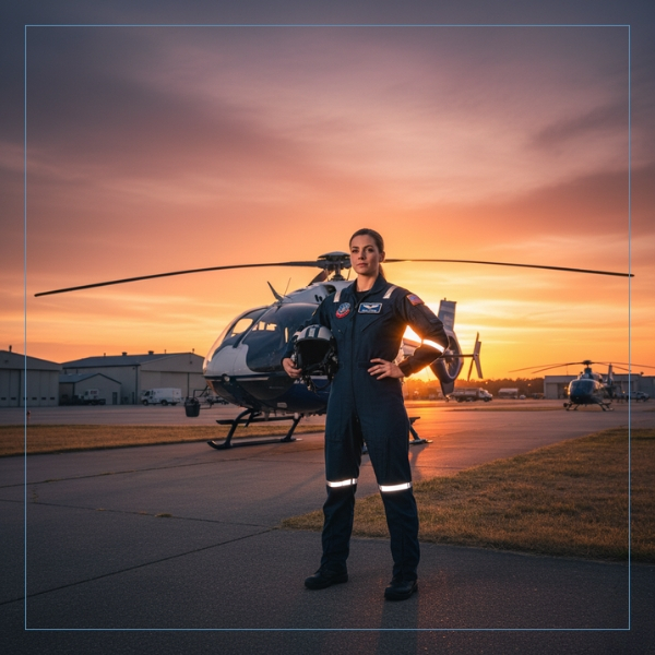 a paramedic standing beside a helicopter at sunset