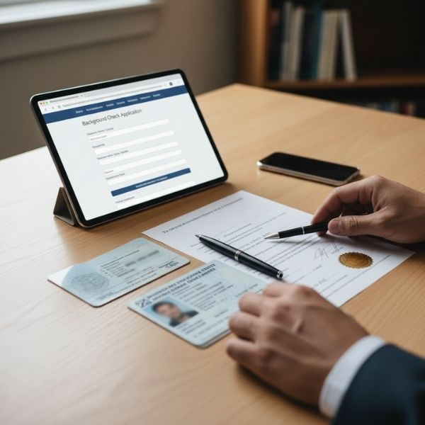 Hands holding a pen over a diploma, with a driver's license, an ID card, and a tablet displaying an online background check application on a wooden desk