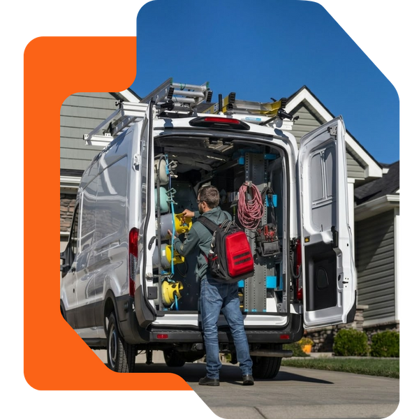 HVAC contractor getting tools from the back of van