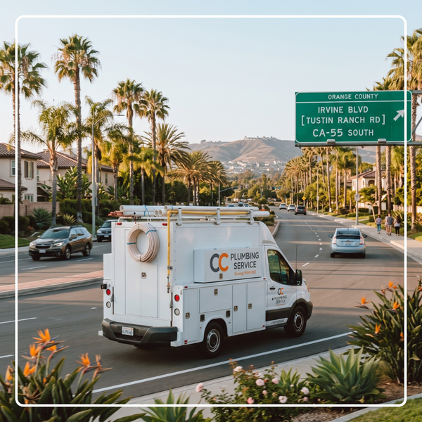 Well Maintained plumbing service truck driving through Orange County