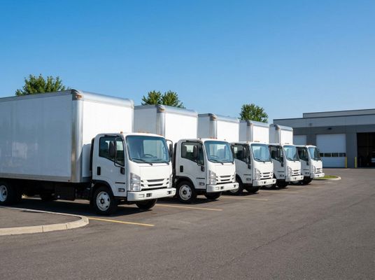 A fleet of clean white commercial box trucks parked in a row. The Hidden Costs of Skipping Fleet Maintenance BB Featured Image.jpeg