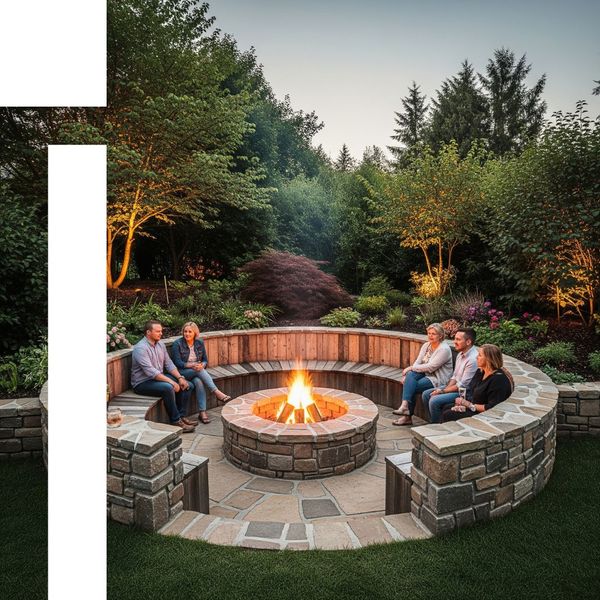 A custom-built, circular fire pit crafted from rough-hewn stone dominates an outdoor gathering space, nestled amidst a lush garden. A custom-built, circular fire pit crafted from rough-hewn stone dominates an outdoor gathering space, nestled amidst a lush garden.
