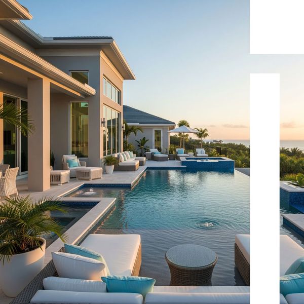 A modern infinity-edge pool design at a Florida home, showcasing sleek lines and tropical landscaping under a warm sunset. A modern infinity-edge pool design at a Florida home, showcasing sleek lines and tropical landscaping under a warm sunset.