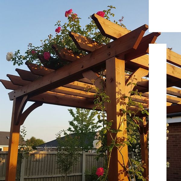 A pergola with a classic design, built from dark brown wood, standing in a garden and illuminated by warm light from the setting sun. A pergola with a classic design, built from dark brown wood, standing in a garden and illuminated by warm light from the setting sun.