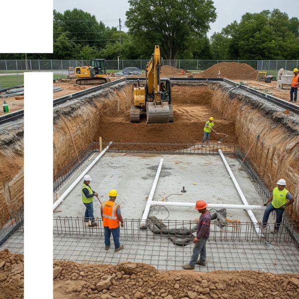 An active construction site showing the excavation and early stages of a swimming pool installation with workers and machinery. An active construction site showing the excavation and early stages of a swimming pool installation with workers and machinery.