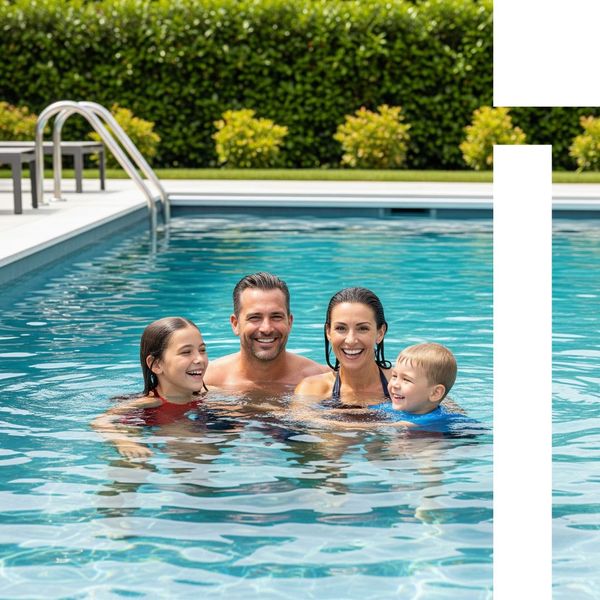 A happy family, including a mother, father, and two children, joyfully playing in a newly installed, modern swimming pool, reflecting customer satisfaction. A happy family, including a mother, father, and two children, joyfully playing in a newly installed, modern swimming pool, reflecting customer satisfaction.