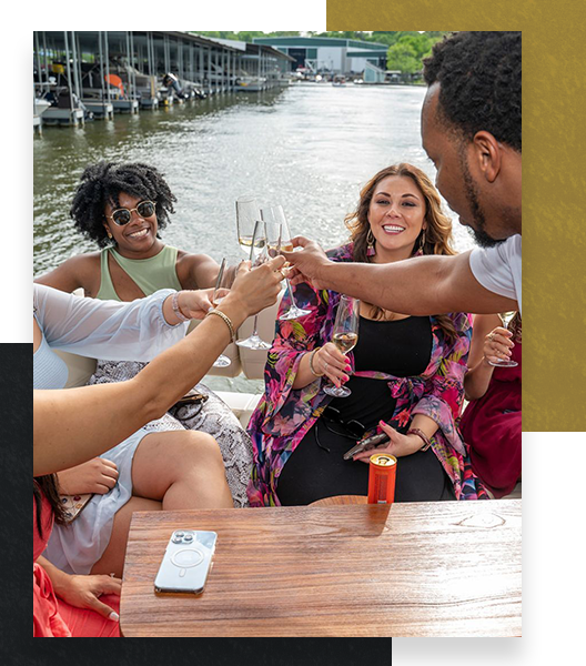 Friends toasting on the back of a yacht