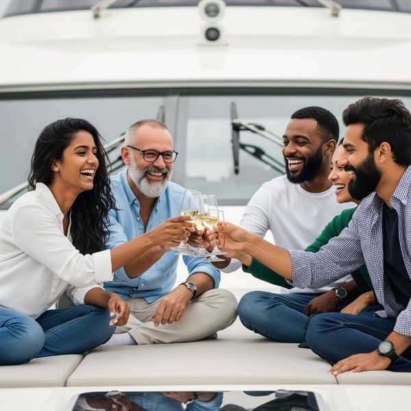 Group of friends celebrating on a boat deck Group of friends celebrating on a boat deck