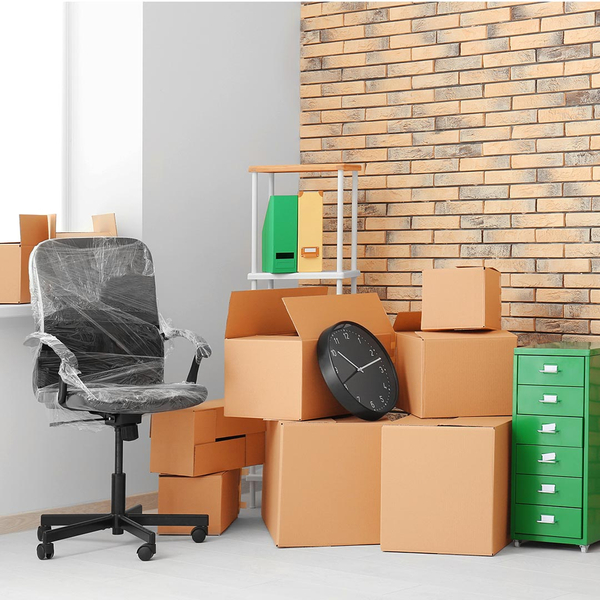 office furniture and packed boxes