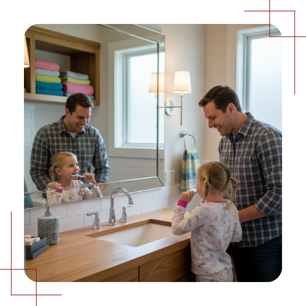 A smiling father helping his young daughter brush her teeth in a clean, modern bathroom with wooden cabinetry, reflecting quality craftsmanship for daily routines. A smiling father helping his young daughter brush her teeth in a clean, modern bathroom with wooden cabinetry, reflecting quality craftsmanship for daily routines.