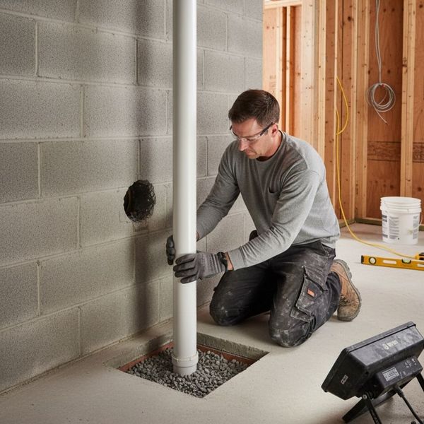 A construction worker installs a white vent pipe from the concrete slab upwards near a basement wall during construction.