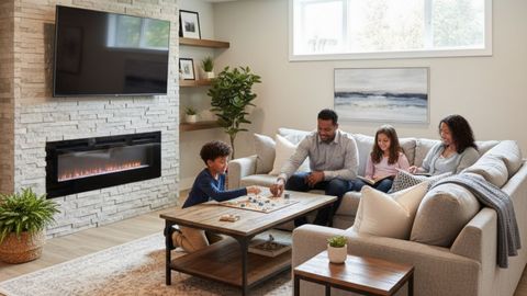 family plays a board game and relaxes on a large sofa in a modern, well-lit finished basement family plays a board game and relaxes on a large sofa in a modern, well-lit finished basement