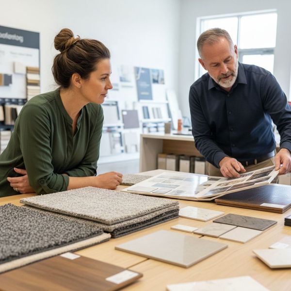 A design consultant shows various material samples to a female homeowner in a bright, modern showroom