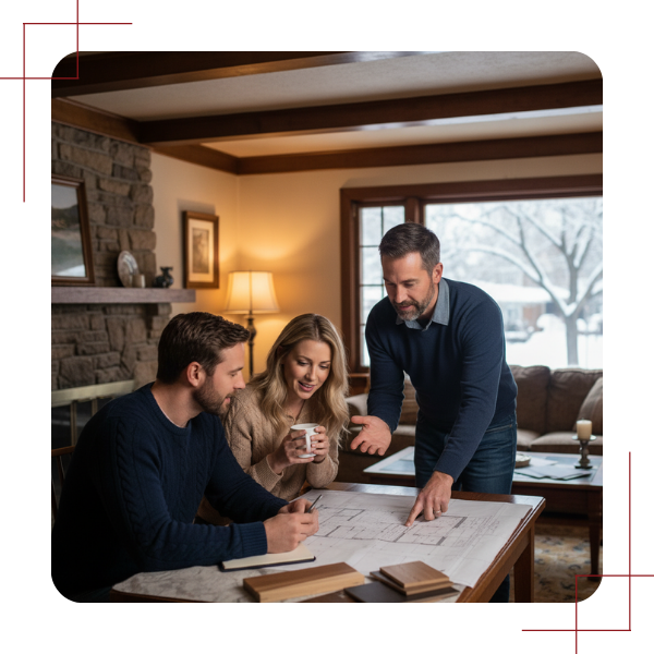 A male contractor points to blueprints on a table while meeting with a smiling couple in what appears to be an older home, discussing renovation plans. A male contractor points to blueprints on a table while meeting with a smiling couple in what appears to be an older home, discussing renovation plans.