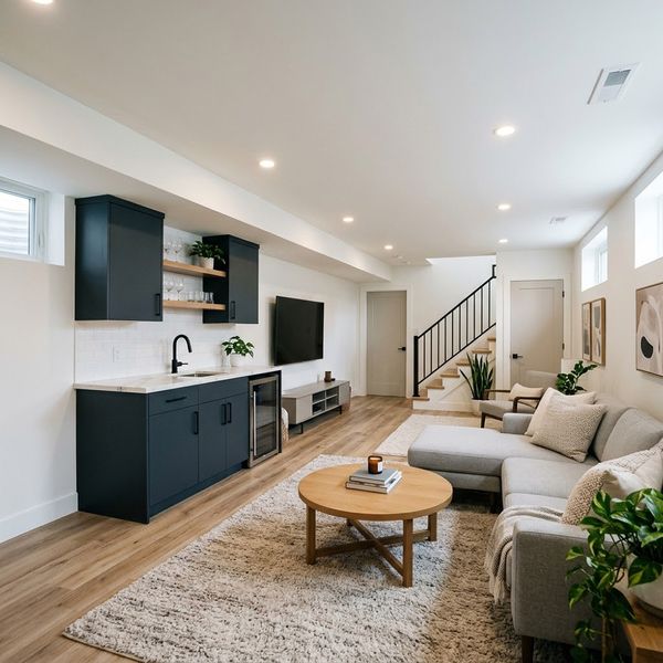 Renovated basement transformed into a cozy living space with a modern kitchenette and lighting.