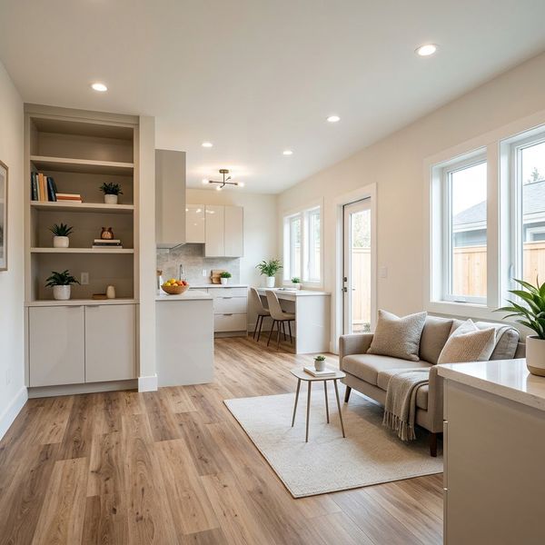 Bright and functional ADU interior with luxury flooring and built-in storage.